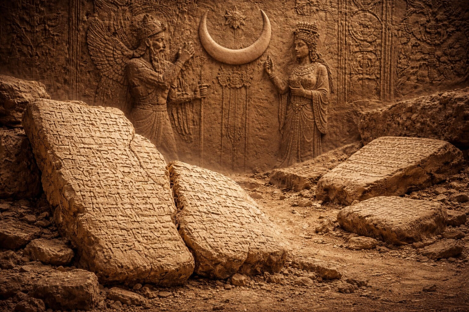 Eḫulḫul temple motif of Nanna-Sîn lunar god Broken cuneiform tablets piled near a bas relief of a Mesopotamian king and priestess honoring the lunar crescent of Nanna-Sîn